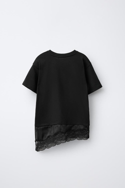 ZARA КОМБИНИРОВАННАЯ ФУТБОЛКА С КРУЖЕВОМ, ЧЕРНЫЙ
