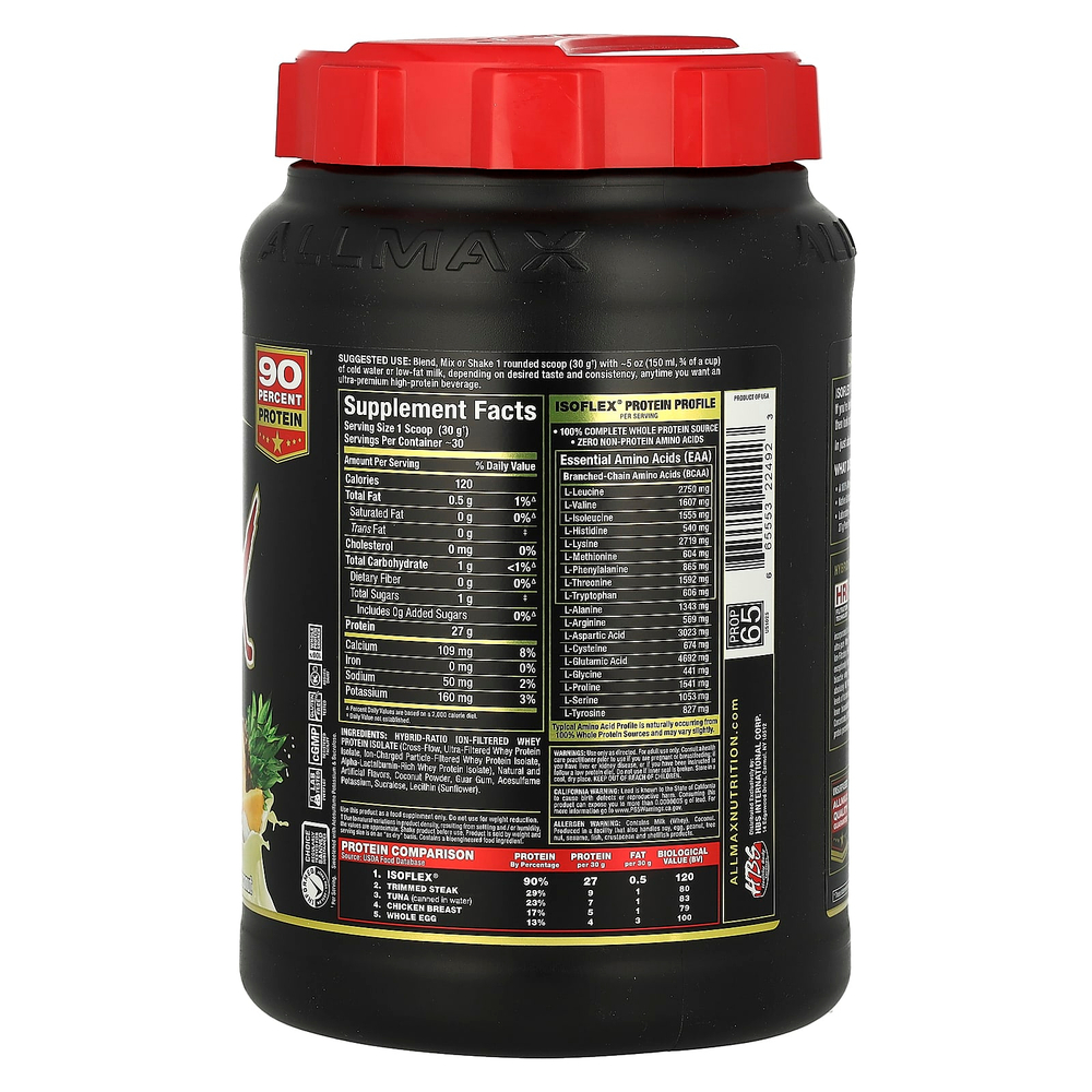 ALLMAX, ISOFLEX®, чистый изолят сывороточного протеина, со вкусом ананаса и кокоса, 907 г (2 фунта)