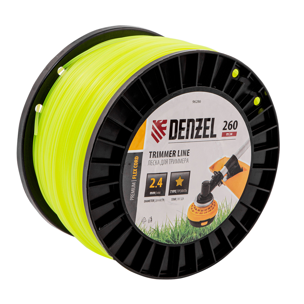 Леска для триммера звезда, 2,4мм х 260м, на DIN катушке FLEX CORD Denzel