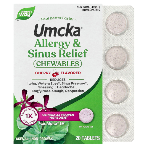 Nature's Way, Umcka®, жевательные таблетки для снятия аллергии и синусита, для детей от 6 лет, вишня, 20 таблеток