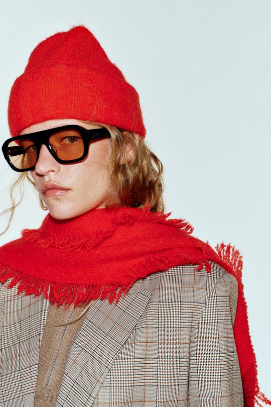 ZARA ТРИКОТАЖНЫЙ ШАРФ С БАХРОМОЙ, КРАСНЫЙ