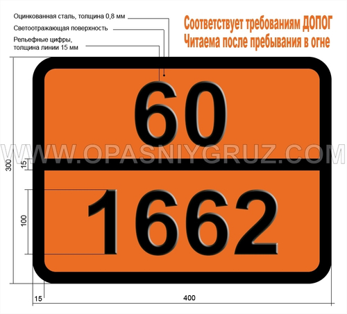 Табличка Опасный груз 60-1662 НИТРОБЕНЗОЛ