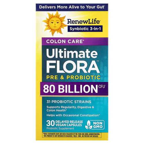 Renew Life, Ultimate Flora™, пробиотик для здоровья кишечника, 30 веганских капсул с отсроченным высвобождением