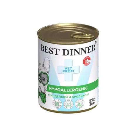 BEST DINNER VET PROFI Hypoallergenic Консервы для собак для профилактики пищевой аллергии, с индейкой и кроликом, 340 г