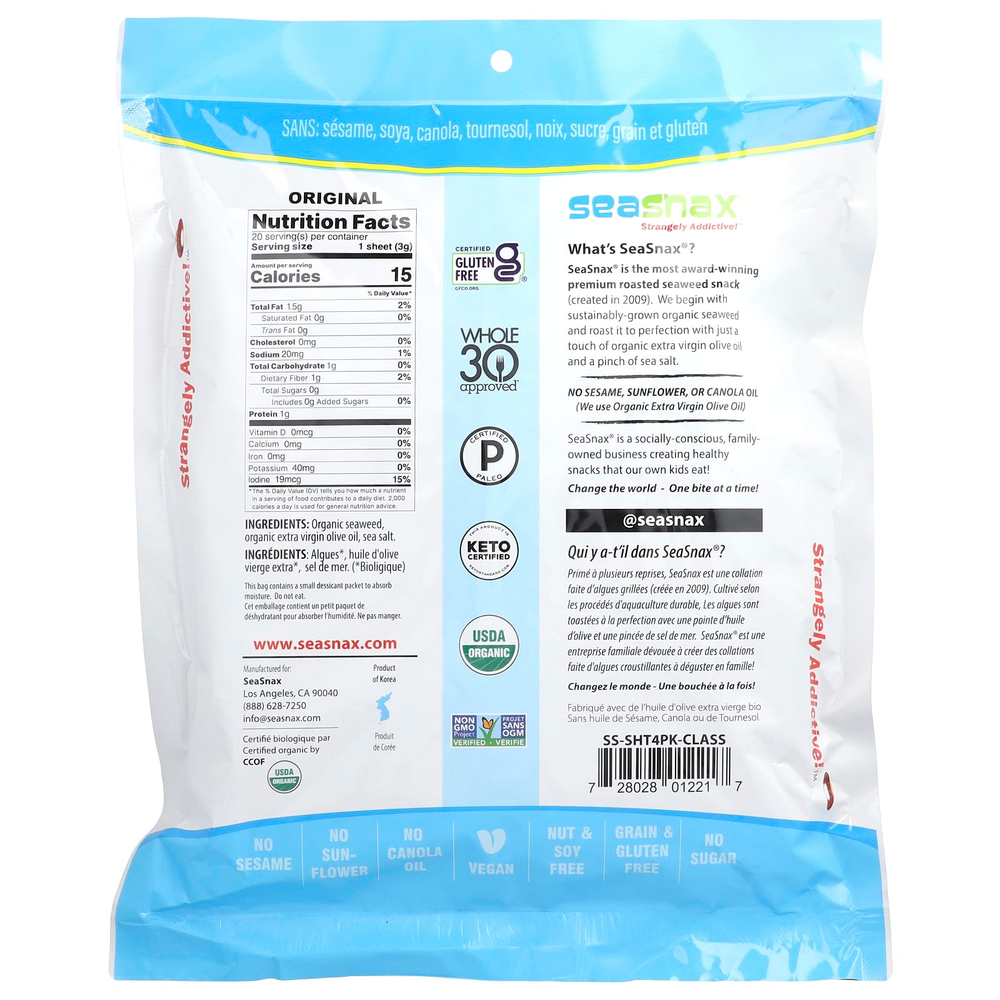 SeaSnax, Organic Roasted Seaweed Wrapz ™, оливковое масло и морская соль, 20 больших листов, 60 г (2,16 унции)