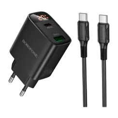 Adapter / Адаптер Сетевое З/У Borofone BA96A 1USB+1Type-C 3.0A 20W QC3.0 дисплей с кабелем Type-C/Type-C черный