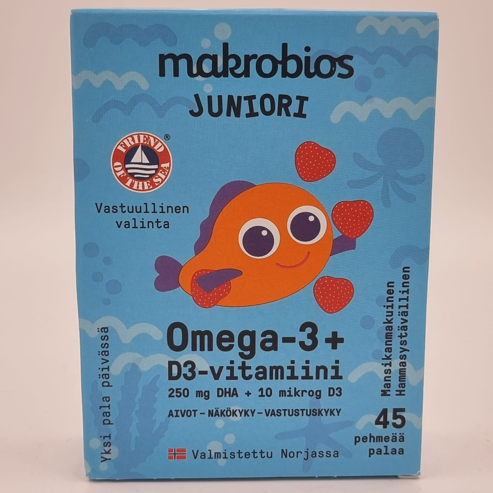 Makrobios Junior Омега 3 и D3 (10 мкг) с клубничным вкусом для детей, 1 уп. (45 жевательных табл.) (из Финляндии)