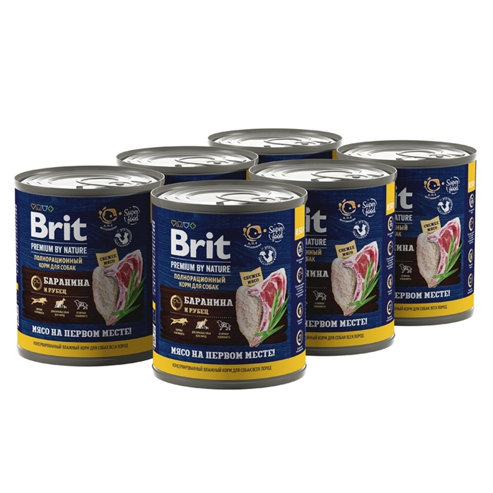 Консервы Brit Premium By Nature для взрослых собак всех пород, баранина и рубец, 6 шт x 850 гр