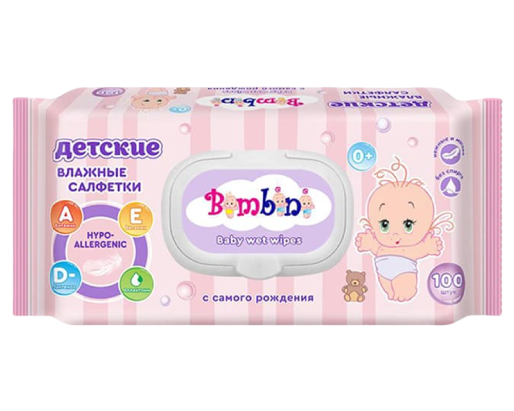 Влажные Салфетки BAMBINI детские с Витаминами и Клапаном 100шт