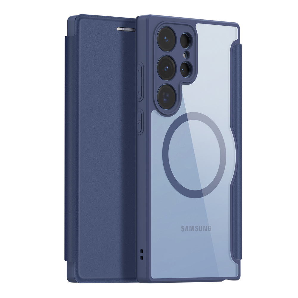Прозрачный чехол книжка синего цвета с поддержкой MagSafe от Dux Ducis для Samsung Galaxy S23 Ultra, серия Skin X Pro Series Case