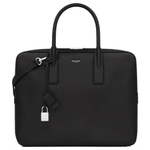 SAINT LAURENT Calfskin Textured Leather Briefcase Small Unisex Black