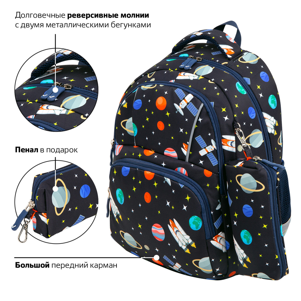 Рюкзак BRAUBERG KIDS SET, с пеналом в комплекте, 2 отделения, "Space infinity", 37x28x16 см, 272099