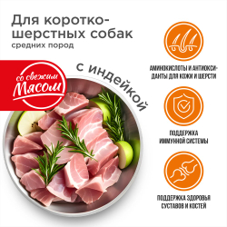 Корм сухой для взрослых собак средних пород, премиум полнорационный комплекс, для короткошерстных собак, с индейкой, 12 кг, QUATTRO