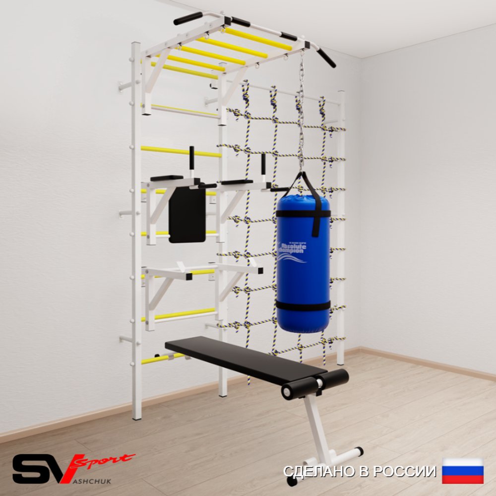 Шведская стенка Sv Sport усиленная 62610 (Турник рукоход/Брусья/Стойка/Скамья/Цепь/Мешок 15кг/Канатный лаз)