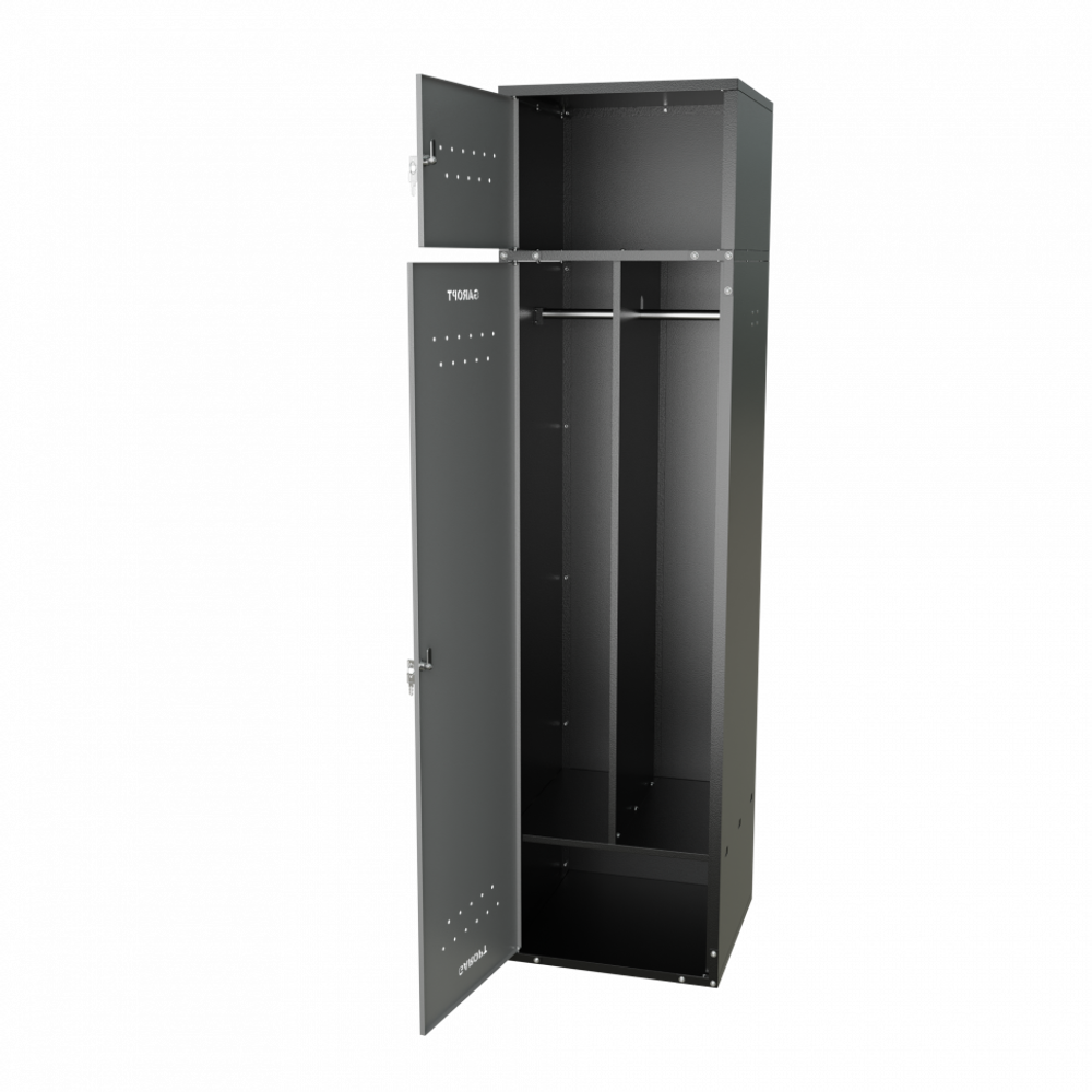Шкаф для раздевалок GT205SHP.GREY (500мм х 500мм х 1936мм) СЕРЫЙ . Секция для обуви, двойная секция для курток с перекладиной под вешалки, верхняя антресоль с отдельным замком для головных уборов и сумок. Габариты упаковки 1630*540*155 мм (Д*Ш*В)