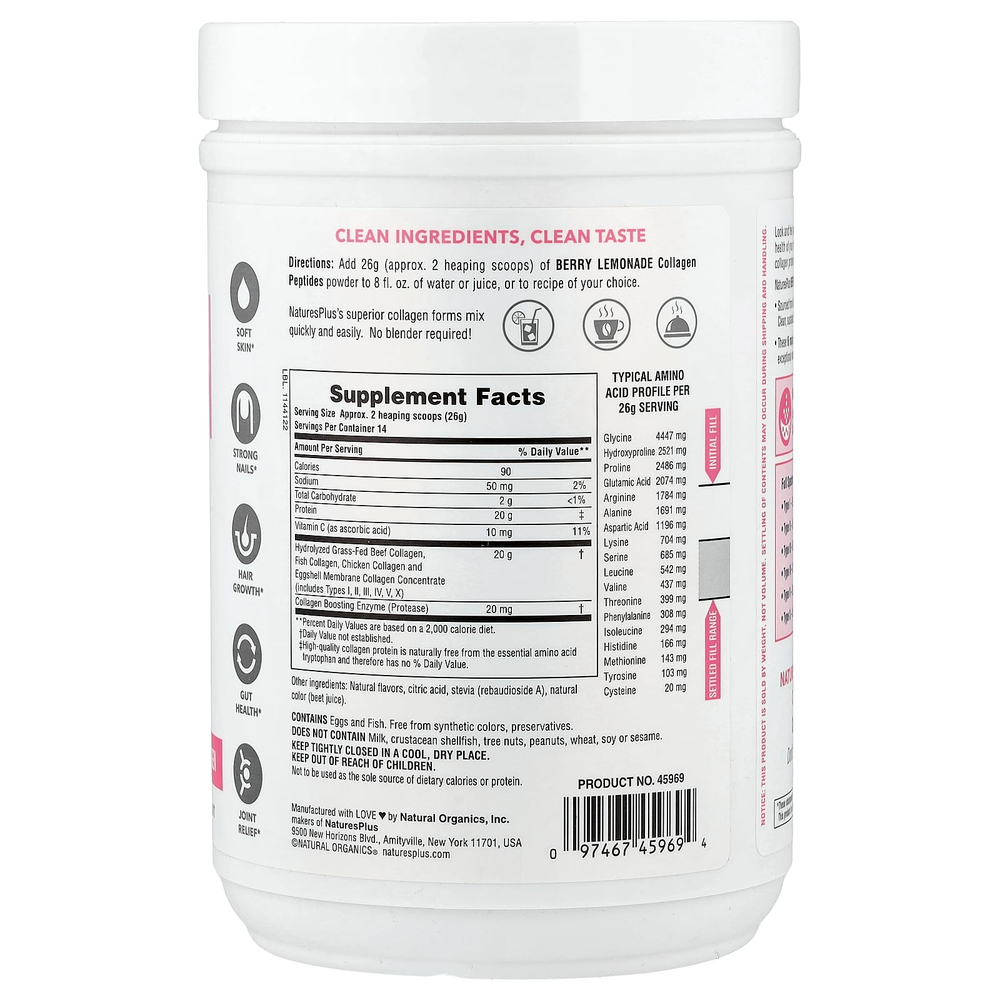 NaturesPlus, Коллагеновые пептиды, ягодный лимонад, 364 г (0,8 фунта)