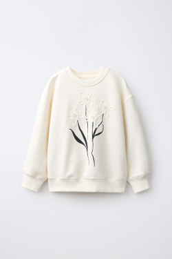 ZARA ТОЛСТОВКА С ЦВЕТОЧНОЙ АППЛИКАЦИЕЙ, ЭКРЮ