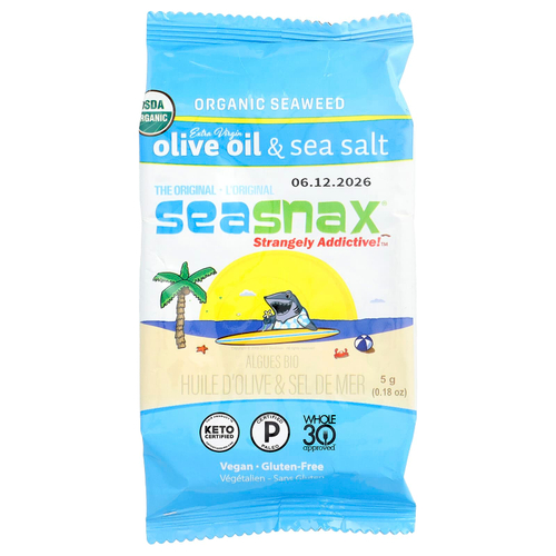 SeaSnax, органические водоросли, нерафинированное оливковое масло высшего качества и морская соль, 5 г (0,18 унции)