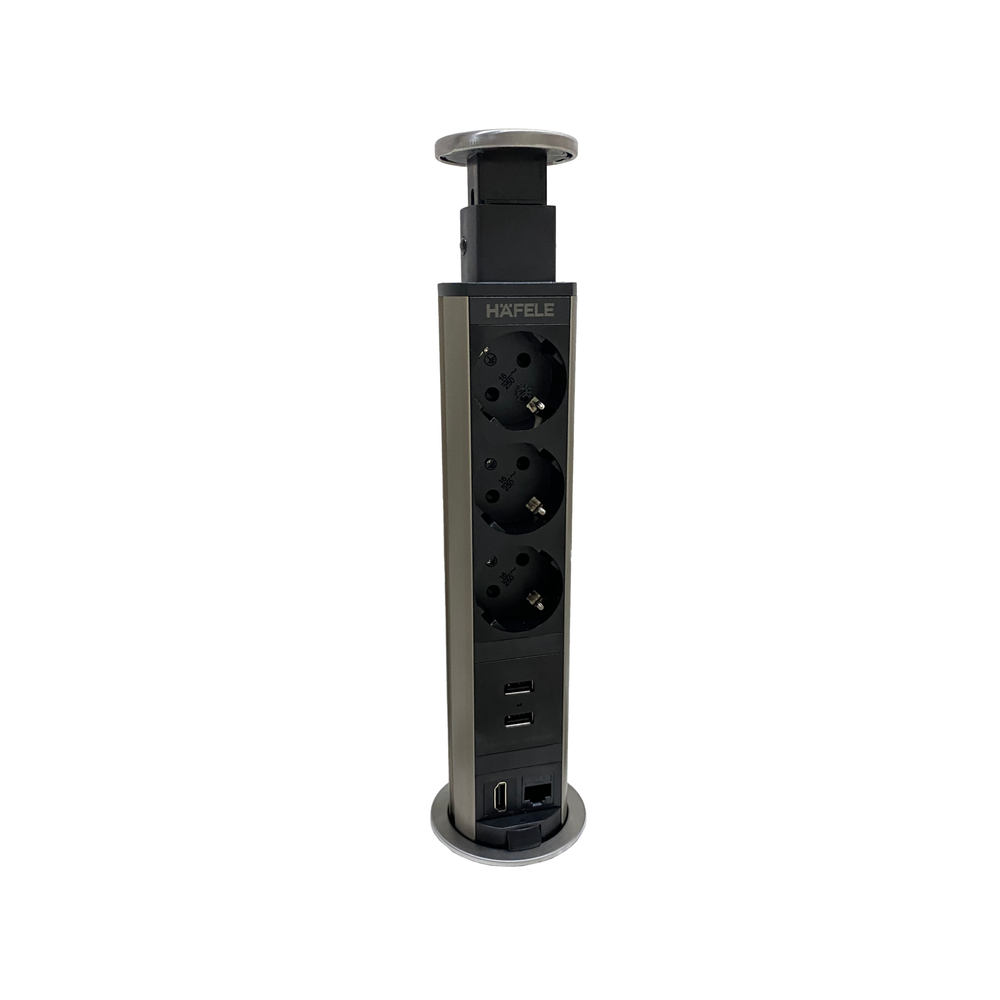 Выдвижная розетка HAFELE 105S вертикальная, 3 розетки и 2 USB, d 60 мм, сталь/черная