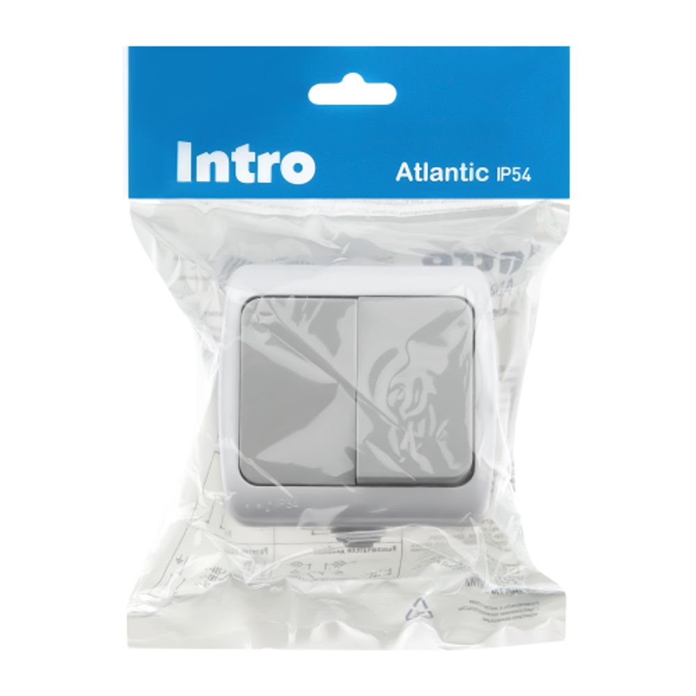 Выключатель Intro Atlantic 5-104-03 двойной, 10А-250В, IP54, открытой установки, серый | Intro