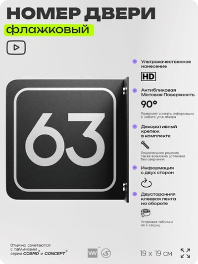 Табличка флажковая с номером 63 на дверь квартиры, для офиса, кабинета, аудитории, склада, черная двустороняя 19х19 см, Айдентика Технолоджи