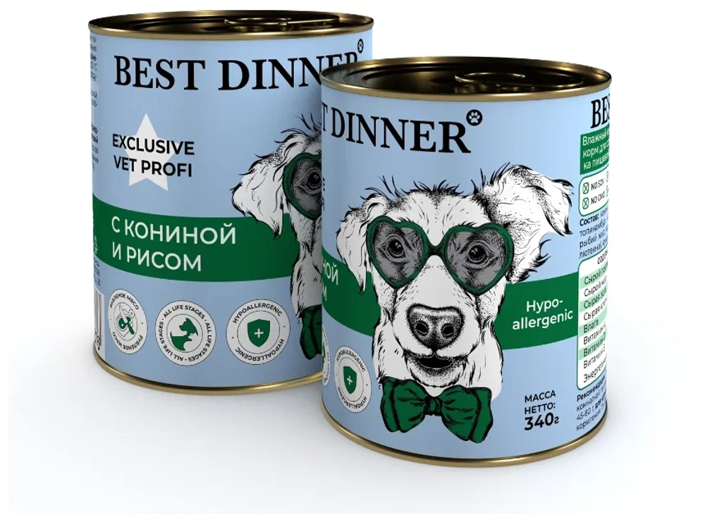 BEST DINNER Hypoallergenic Влажный корм для собак и щенков всех пород с кониной и рисом 0,34 кг
