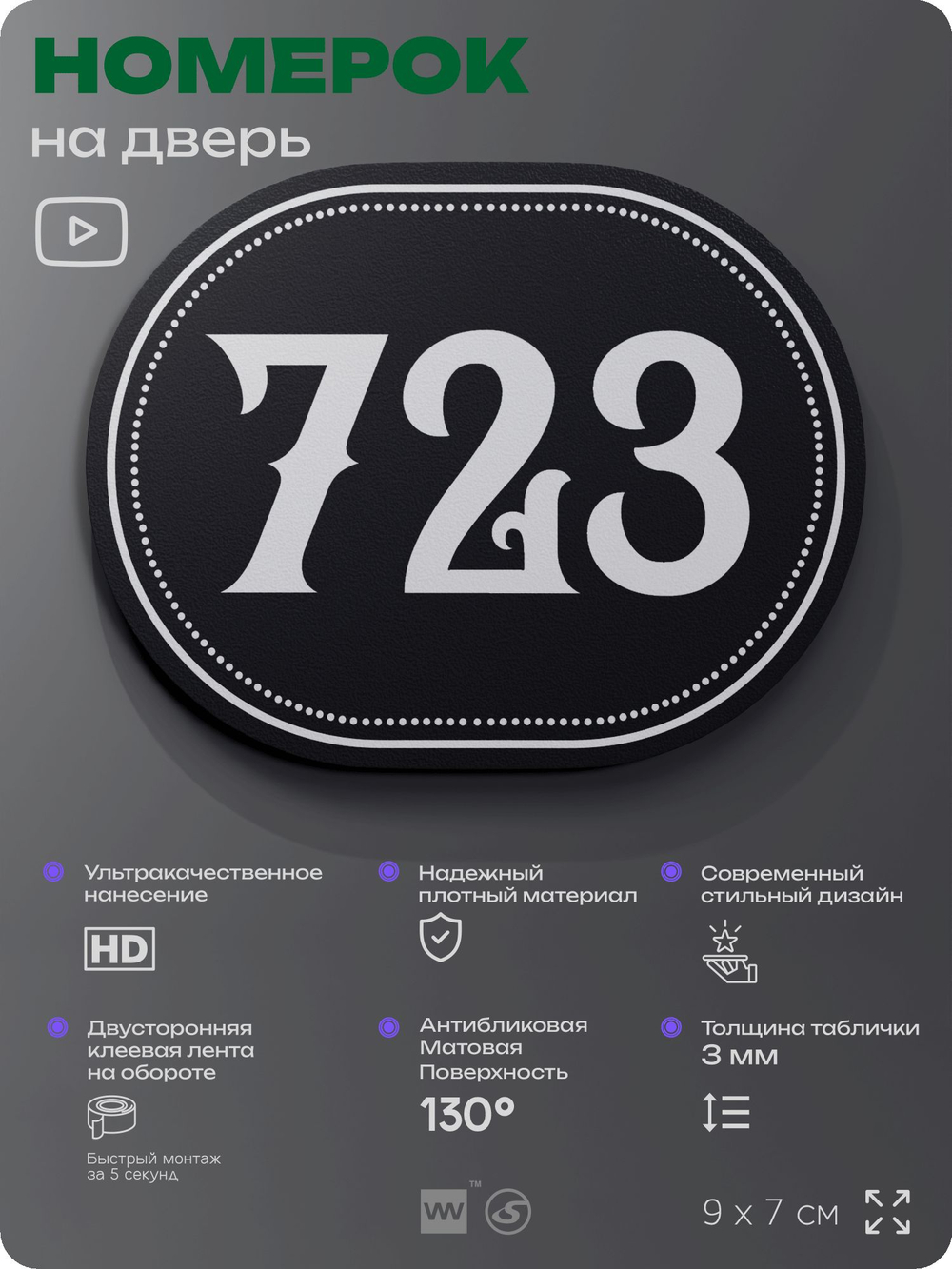 Номерок на дверь квартиры 723, для кабинета, офиса, шильдик 9 х 7 см, черный, Айдентика Технолоджи