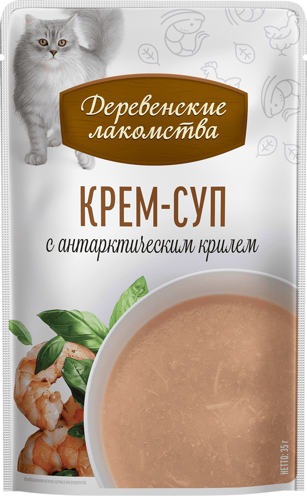 Деревенские лакомства консервы д/кошек «Крем-суп с антарктическим  крилем", пауч 35гр*4шт
