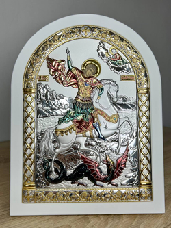 Георгий Победоносец, икона арочная, белое дерево, эмаль 150х200 — вид сбоку