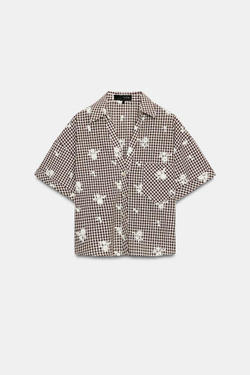ZARA РУБАШКА В КЛЕТКУ С ВЫШИВКОЙ, КОРИЧНЕВЫЙ/ЭКРЮ