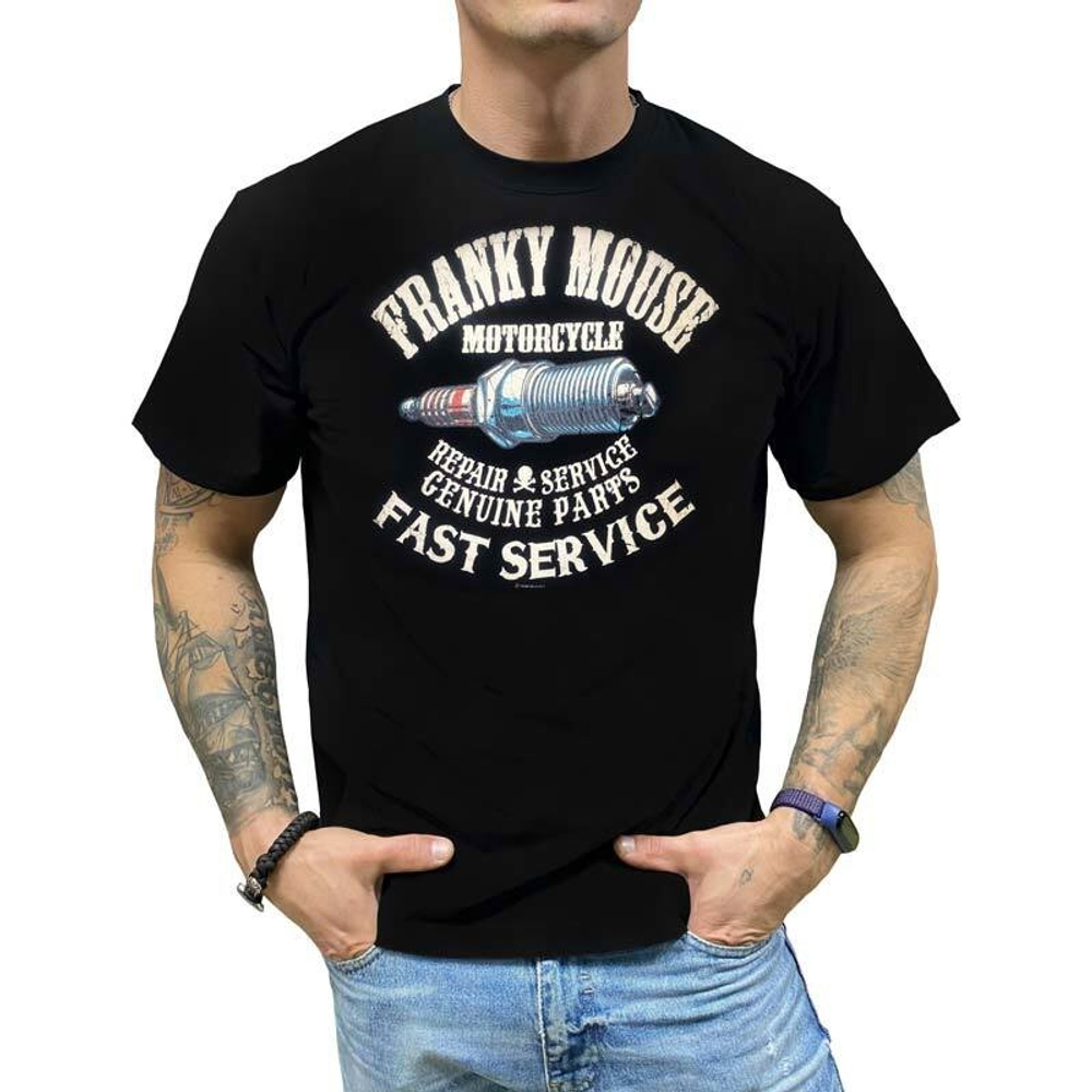 Футболка Franky Mouse Fast Service Repair service Genuine parts (свеча) (S / черный)