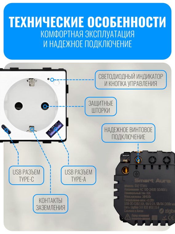Умная ZigBee розетка с зарядным устройством USB и Type-C Smart Aura серия Classic без рамки