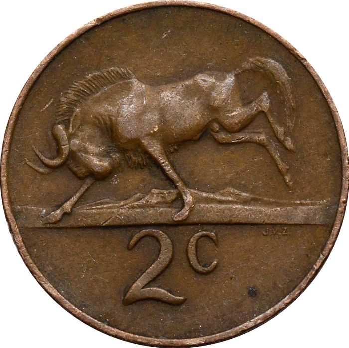 2 цента 1967 ЮАР (Надпись на английском языке - "SOUTH AFRICA")