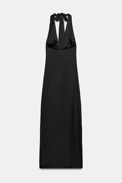 ZARA ДЛИННОЕ АТЛАСНОЕ ПЛАТЬЕ ХАЛТЕР, ЧЕРНЫЙ