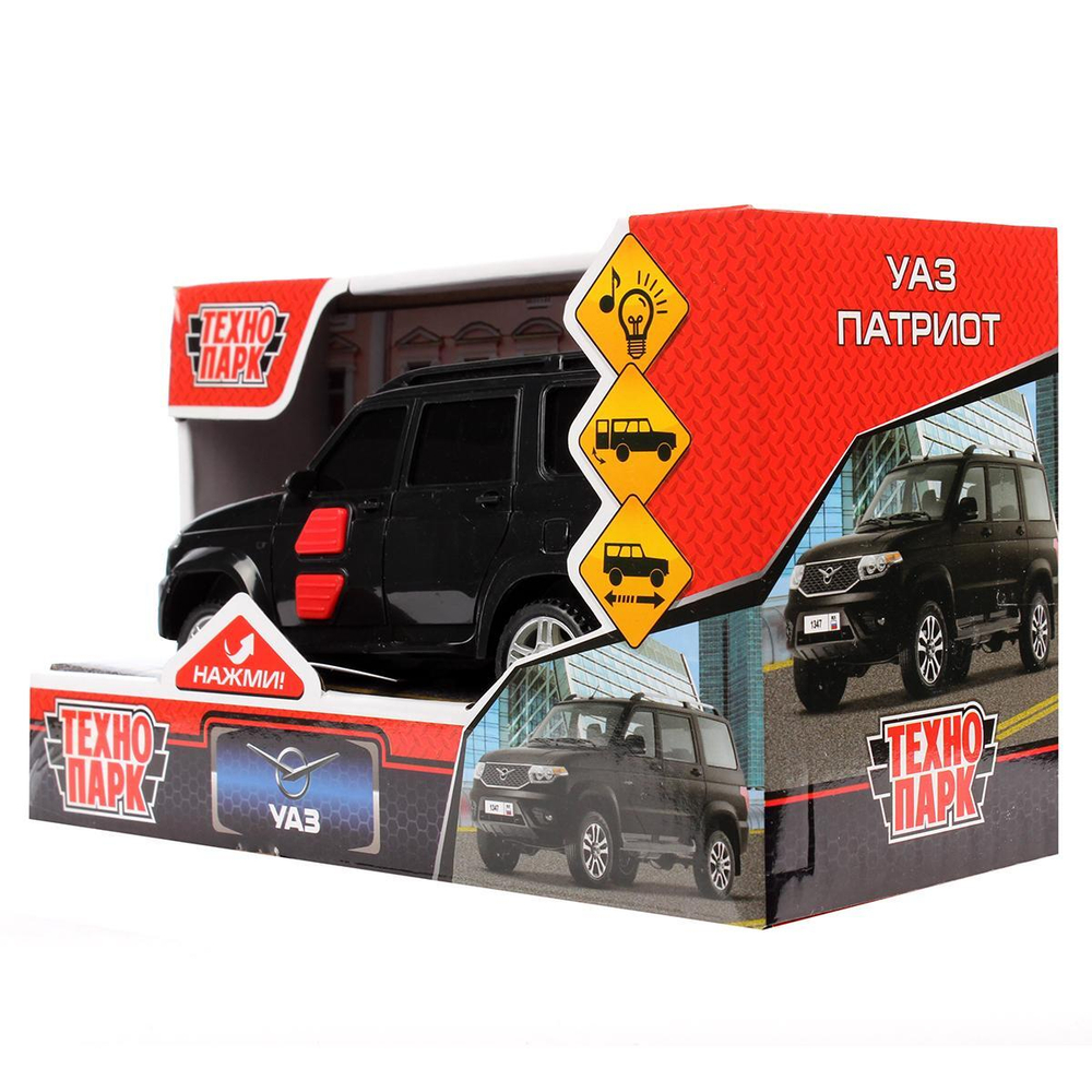 Модель ин. пласт. "UAZ Патриот" 15,5см, 2 кноп, черный, свет/звук коробка PATRIOTBLACK-15PL-BK (Технопа
