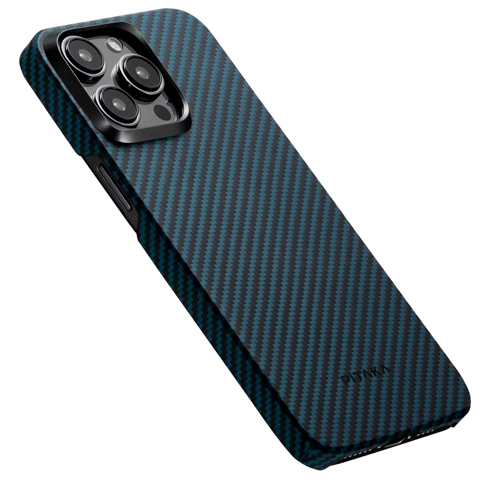 Чехол из арамидного волокна с поддержкой MagSafe PITAKA MagEZ Case 4 1500D для iPhone 15 Pro Max, Black / Blue Twill (Cаржевое переплетение)