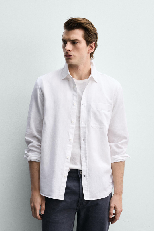 ZARА РУБАШКА REGULAR FIT ИЗ ЛЬНА И ХЛОПКА, БЕЛЫЙ