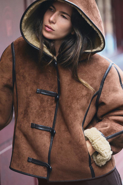 ZARA КУРТКА-ДУБЛЕНКА С КАПЮШОНОМ, КОРИЧНЕВЫЙ
