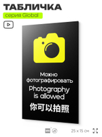 Табличка Можно фотографировать, на дверь и стену, информационная и мультиязычная (русский, английский, китайский), серия GLOBAL, 25х15 см, Айдентика Технолоджи