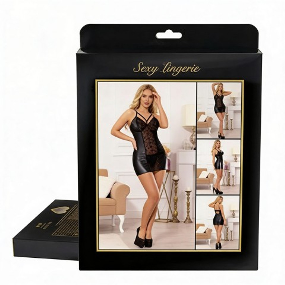 Кожаное платье с кружевом и стрепами Ohyeah Sexy Black +стринги, XL-2XL
