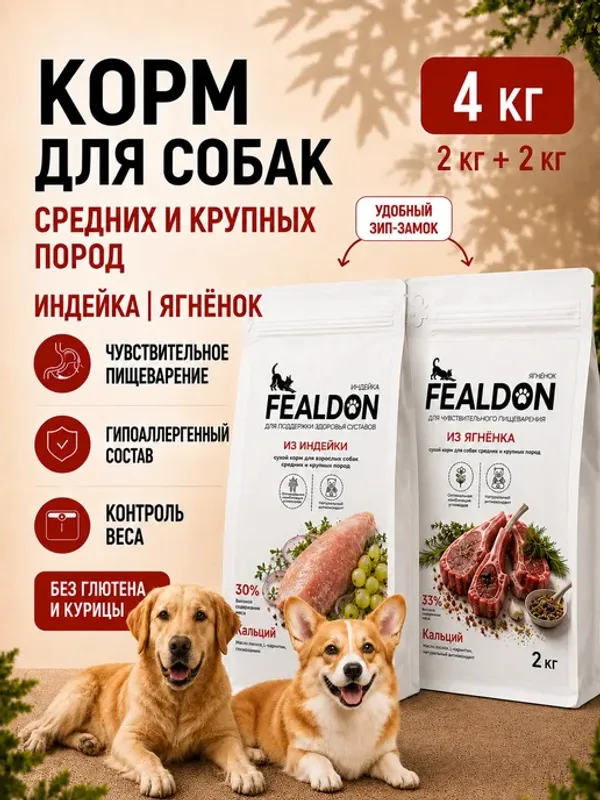 Сухой корм Fealdon для взрослых собак средних и крупных пород из ягненка