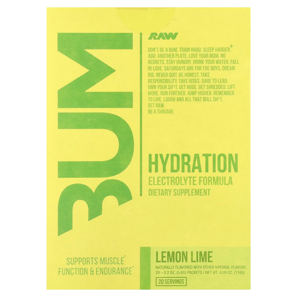 Raw Nutrition, Bum, для восполнения потери жидкости, электролитная формула, лимон и лайм, 20 пакетиков по 5,8 г (0,2 унции)