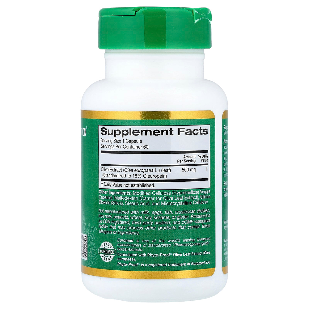 California Gold Nutrition, EuroHerbs™, экстракт листьев оливкового дерева, качество Euromed, 500 мг, 60 растительных капсул