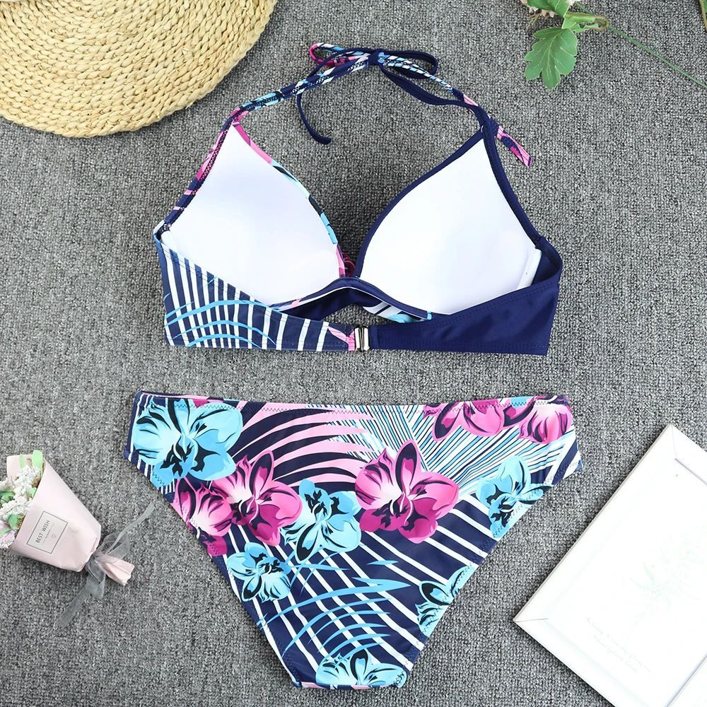 Синий раздельный купальник с принтом в виде орхидей (Размер: XL) (Цвет: разноцветный)