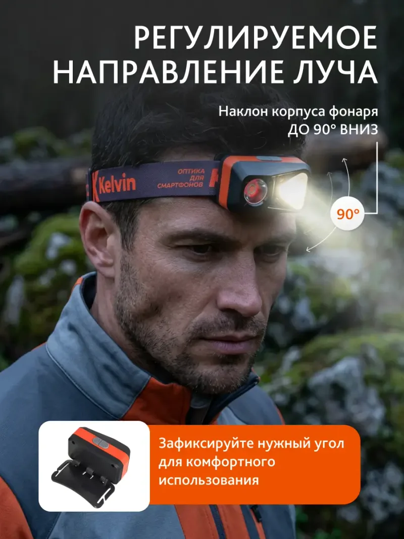 Фонарь налобный Levenhuk Kelvin Ski Race 2026 с регулируемым направлением луча и наклоном