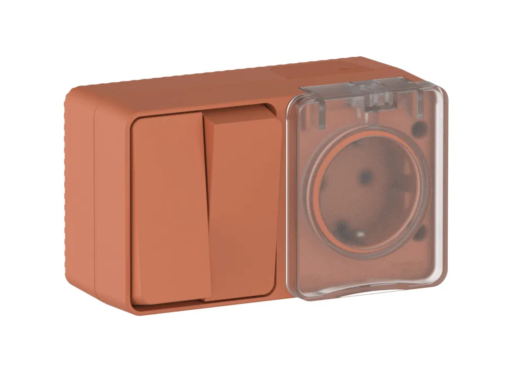 ATLASDESIGN PROFI IP54 О/У БЛОК: РОЗЕТКА с заземл. со шт., 16А, ВЫКЛЮЧАТЕЛЬ 2-клав., 10АХ, ТЕРРАКОТОВЫЙ