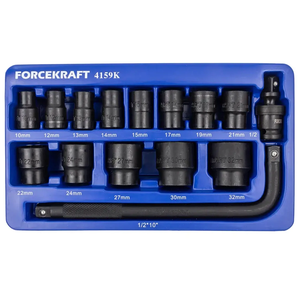 Набор головок ударных 15пр. 1/2''(6-гр.) (10,12, 13, 14, 15, 17, 19, 21, 22, 24, 27, 30, 32мм) в ложементе FORCEKRAFT FK-4159K