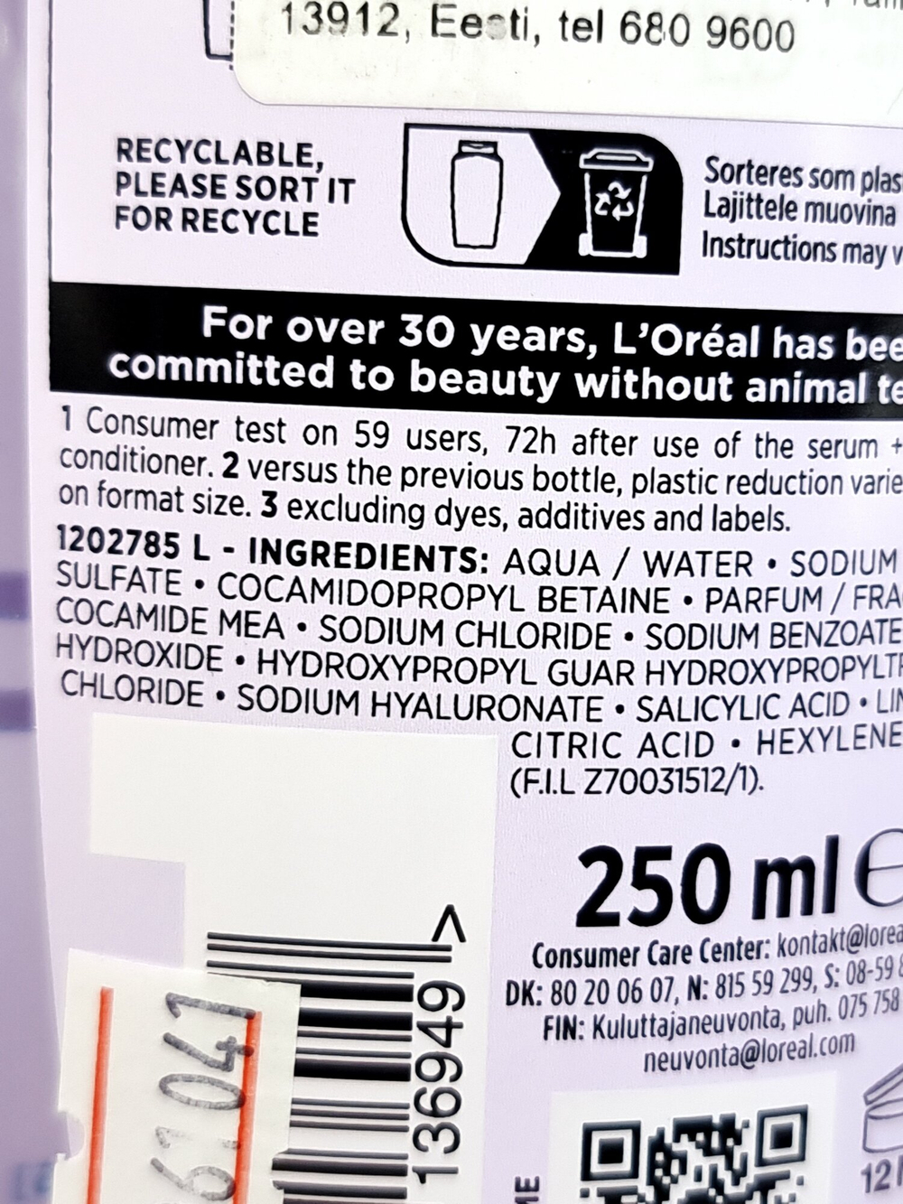 Шампунь Loreal Paris Elvital Hyaluron Pure для сухих волос с салициловой и гиалуроновой кислотами 250 мл (из Финляндии)