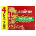 King Oscar, сардины дикого улова, в нерафинированном оливковом масле высшего качества, 4 банки по 106 г (3,75 унции)