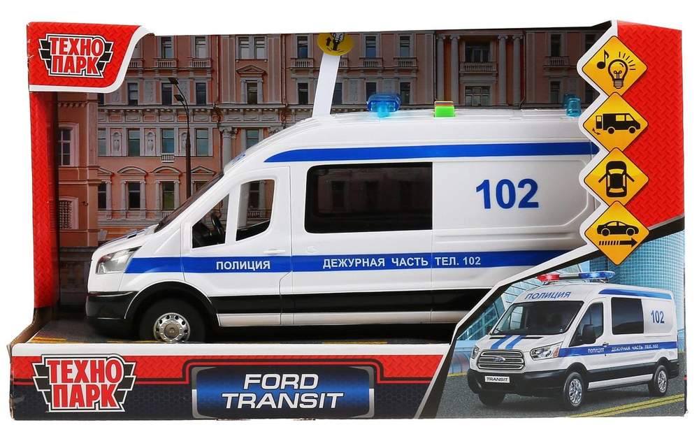 Машина ин. пласт.16см, "Ford transit. Полиция" свет+звук (Технопарк)